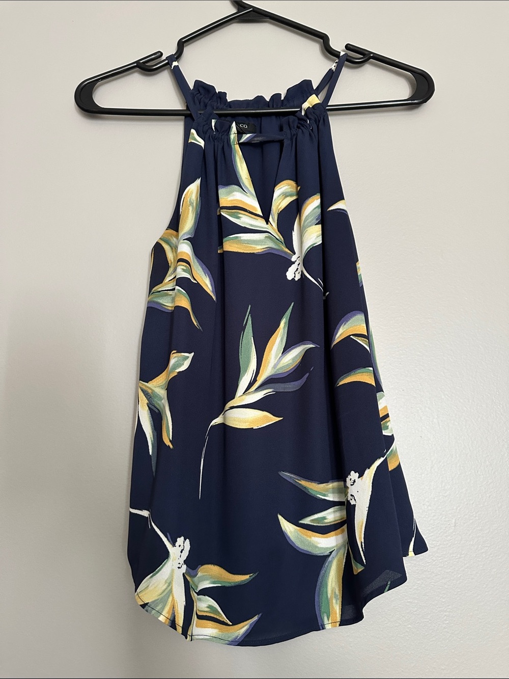 RW&CO. Navy Floral Halter Neck Tank with Green and Yellow Leaves